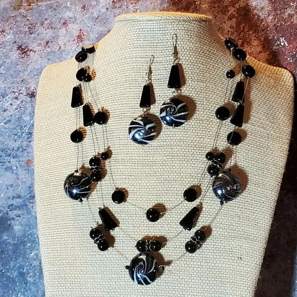 Art Deco Black Jet AB Czech Glass Baubles Multi Strand Necklace Earrings Set - Picture 5 of 8